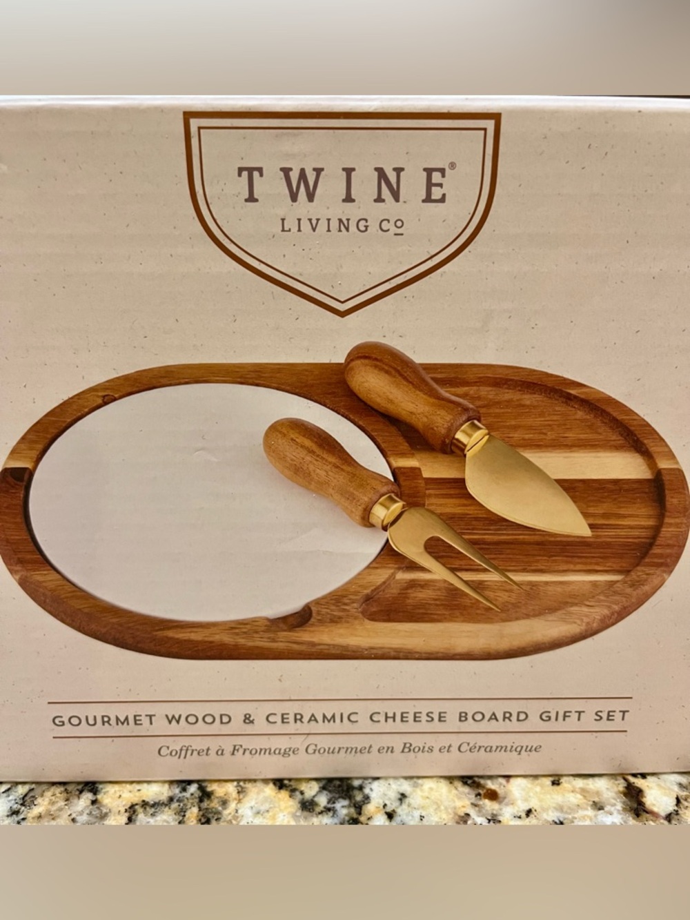 Wooden & Ceramic Cheese Board Set in Brown and Gold